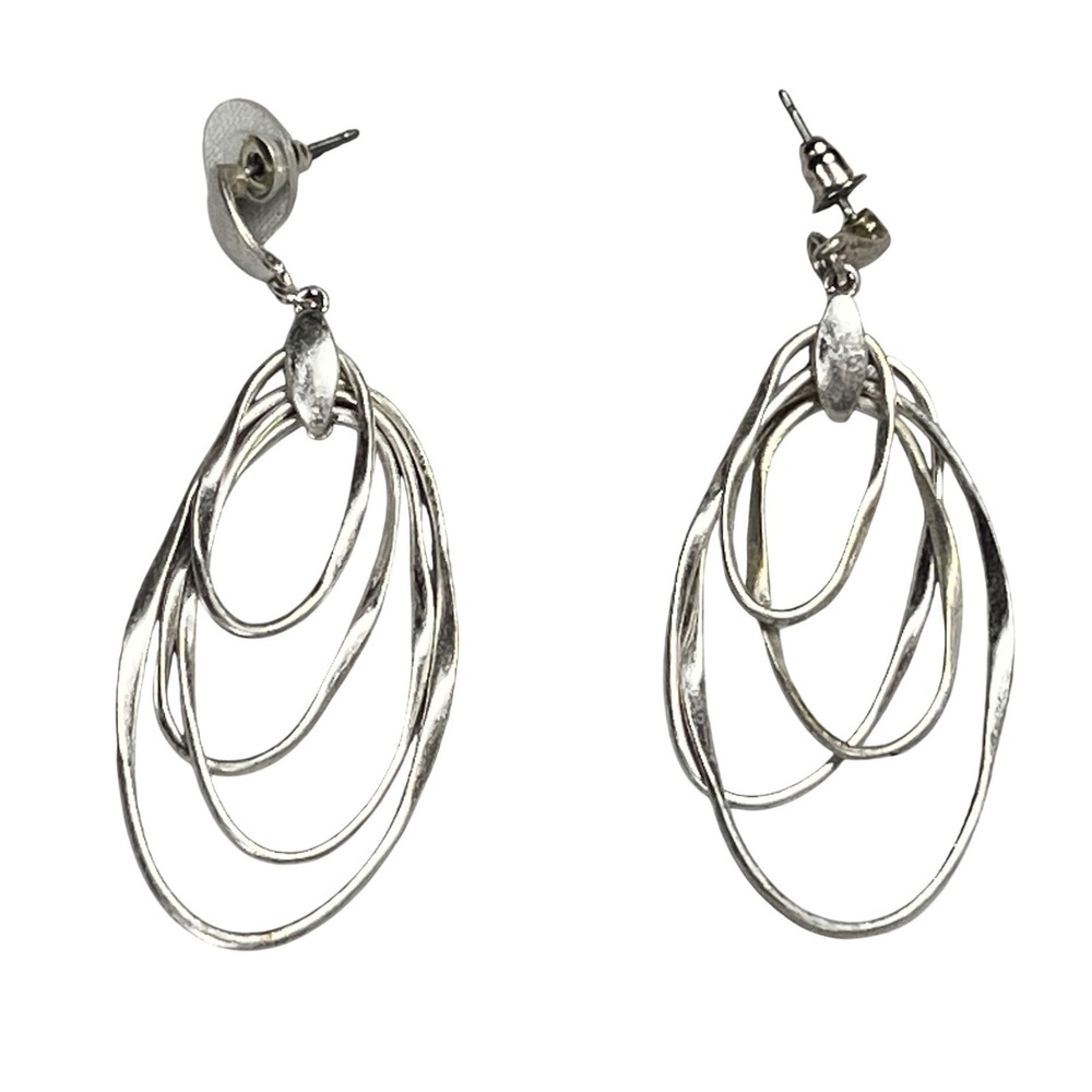 Silver Tone Multi Hoop Dangle Earrings Textured Oval Graduated Statement Jewelry